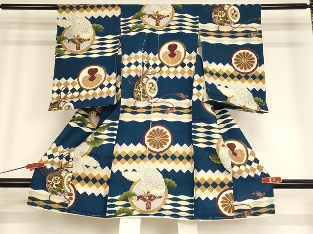 平和屋着物[]お宮参り　男の子　花丸文　鷹　太鼓　銀彩　正絹　逸品　未使用　AABF2158ja