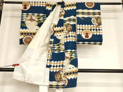 平和屋着物[]お宮参り　男の子　花丸文　鷹　太鼓　銀彩　正絹　逸品　未使用　AABF2158ja