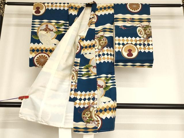 平和屋着物[]お宮参り　男の子　花丸文　鷹　太鼓　銀彩　正絹　逸品　未使用　AABF2158ja