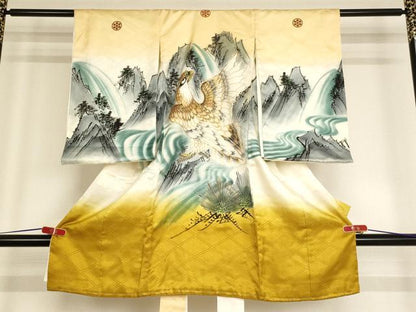 平和屋着物[]お宮参り　男の子　祝着　産着　初着　のしめ　手描き　駒刺繍　鷹風景文　暈し染め　金彩　逸品　AABF2159ja