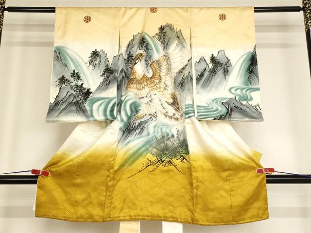 平和屋着物[]お宮参り　男の子　祝着　産着　初着　のしめ　手描き　駒刺繍　鷹風景文　暈し染め　金彩　逸品　AABF2159ja