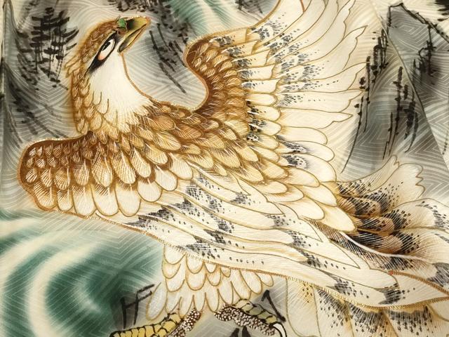 平和屋着物[]お宮参り　男の子　祝着　産着　初着　のしめ　手描き　駒刺繍　鷹風景文　暈し染め　金彩　逸品　AABF2159ja