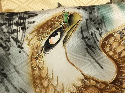 平和屋着物[]お宮参り　男の子　祝着　産着　初着　のしめ　手描き　駒刺繍　鷹風景文　暈し染め　金彩　逸品　AABF2159ja