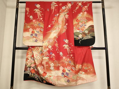 平和屋着物[]七五三　女の子　７歳　祝着　四つ身　舞扇鴛鴦花文　暈し染め　金彩　正絹　逸品　AABF2160ja