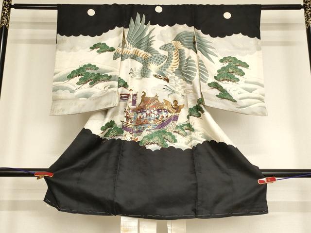 平和屋着物[]お宮参り　男の子　祝着　産着　初着　のしめ　鷹　人物風景文　金彩　逸品　AABF2162ja