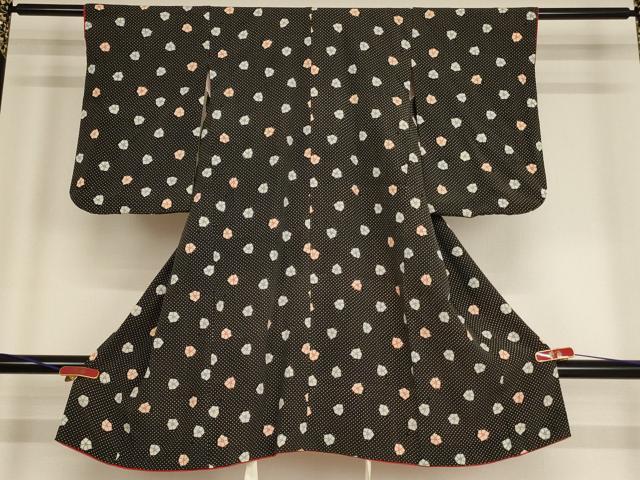 平和屋着物[]子供 女の子 小紋 型染め 舞花文 黒地 正絹 逸品 AABF2163ja