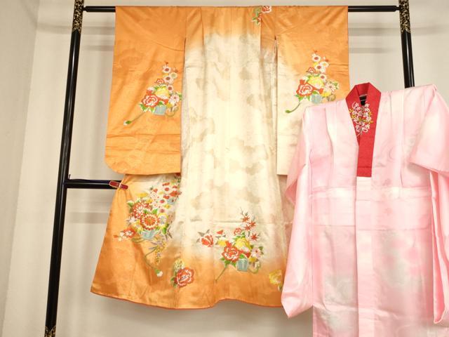 平和屋着物[]七五三　女の子　７歳　祝着　四つ身　長襦袢(単衣)セット　総刺繍　駒刺繍　花籠文　暈し染め　金彩　逸品　AABF2164ja