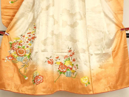 平和屋着物[]七五三　女の子　７歳　祝着　四つ身　長襦袢(単衣)セット　総刺繍　駒刺繍　花籠文　暈し染め　金彩　逸品　AABF2164ja