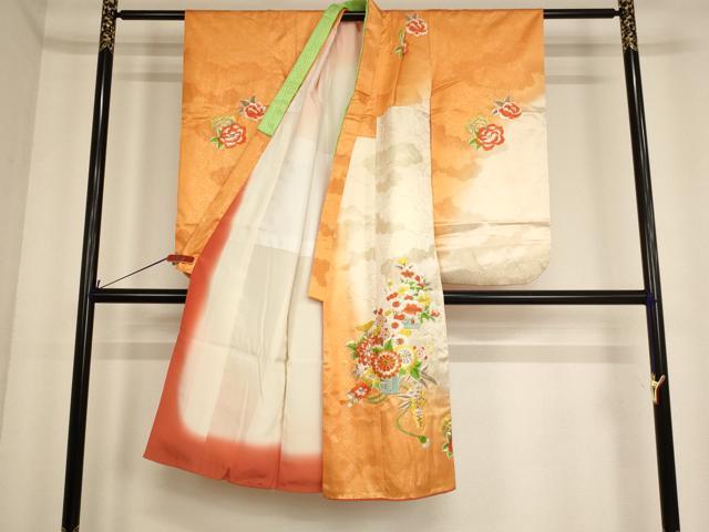 平和屋着物[]七五三　女の子　７歳　祝着　四つ身　長襦袢(単衣)セット　総刺繍　駒刺繍　花籠文　暈し染め　金彩　逸品　AABF2164ja