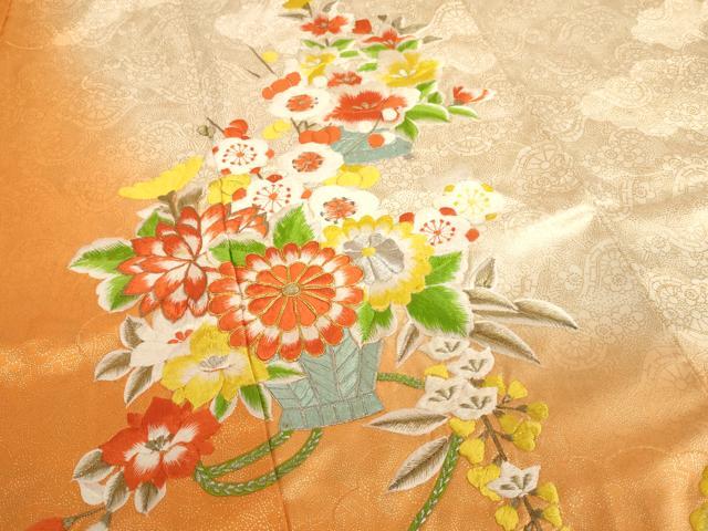 平和屋着物[]七五三　女の子　７歳　祝着　四つ身　長襦袢(単衣)セット　総刺繍　駒刺繍　花籠文　暈し染め　金彩　逸品　AABF2164ja