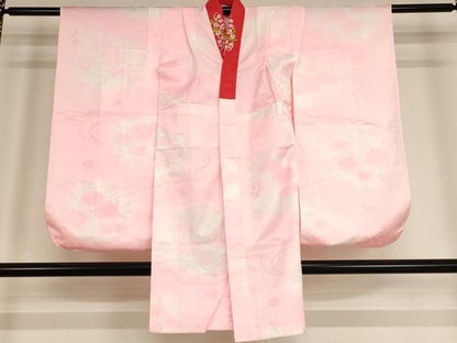 平和屋着物[]七五三　女の子　７歳　祝着　四つ身　長襦袢(単衣)セット　総刺繍　駒刺繍　花籠文　暈し染め　金彩　逸品　AABF2164ja