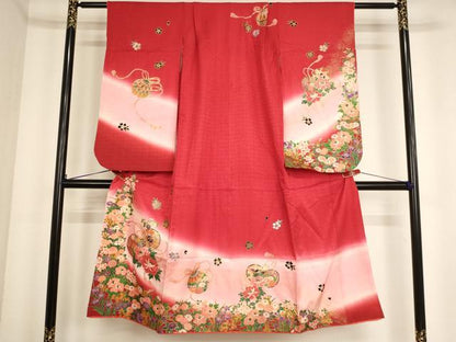 平和屋着物[]七五三　女の子　７歳　祝着　四つ身　花鼓文　暈し染め　金彩　正絹　逸品　AABF2166ja