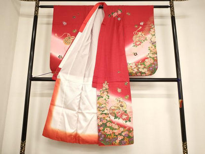 平和屋着物[]七五三　女の子　７歳　祝着　四つ身　花鼓文　暈し染め　金彩　正絹　逸品　AABF2166ja