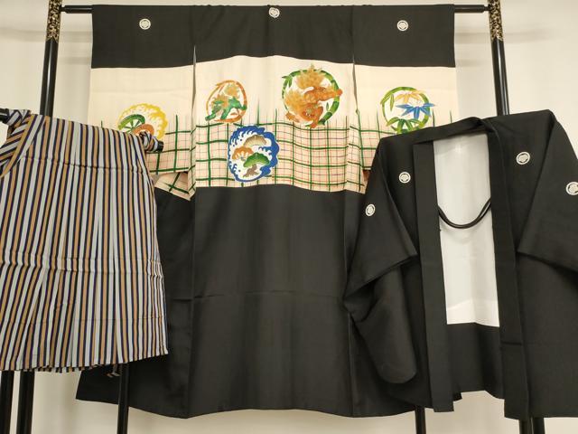 平和屋着物[]七五三　男の子　5歳　祝着・羽織・行灯袴セット　手描き　獅子　草木丸文　金彩　逸品　AABF2167ja