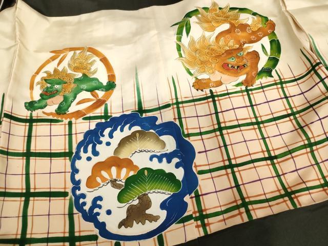 平和屋着物[]七五三　男の子　5歳　祝着・羽織・行灯袴セット　手描き　獅子　草木丸文　金彩　逸品　AABF2167ja