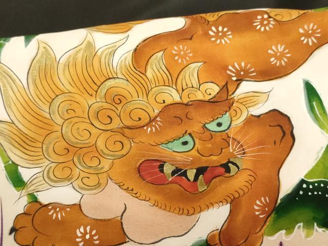 平和屋着物[]七五三　男の子　5歳　祝着・羽織・行灯袴セット　手描き　獅子　草木丸文　金彩　逸品　AABF2167ja