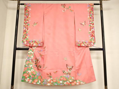 平和屋着物[]七五三　女の子　７歳　祝着　四つ身　花蝶文　金彩　洗える着物　AABF2168ja