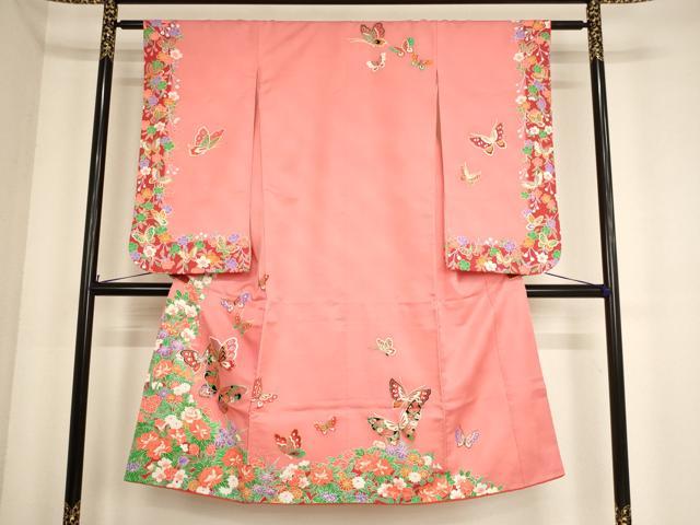 平和屋着物[]七五三　女の子　７歳　祝着　四つ身　花蝶文　金彩　洗える着物　AABF2168ja