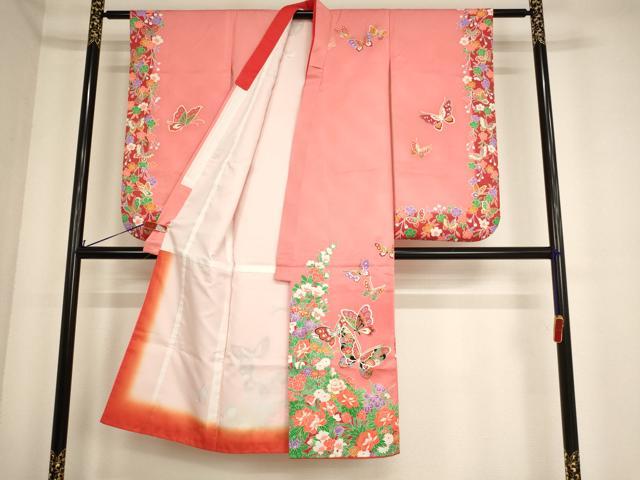 平和屋着物[]七五三　女の子　７歳　祝着　四つ身　花蝶文　金彩　洗える着物　AABF2168ja