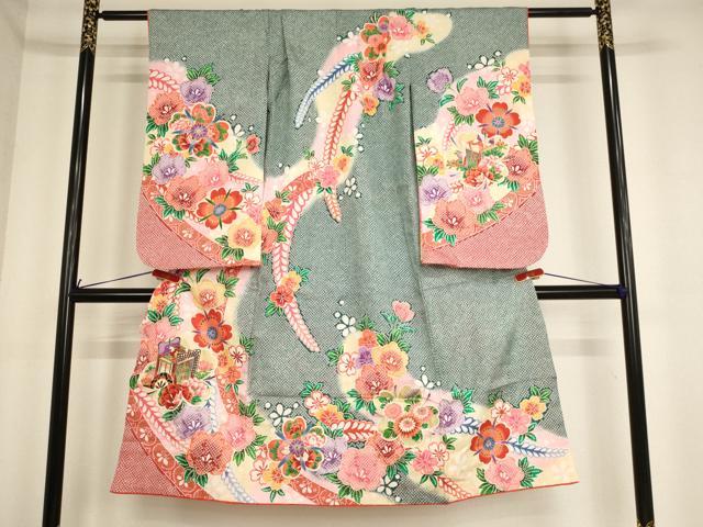 平和屋着物[]七五三　女の子　７歳　祝着　四つ身　御所車花文　暈し染め　金彩　AABF2173ja