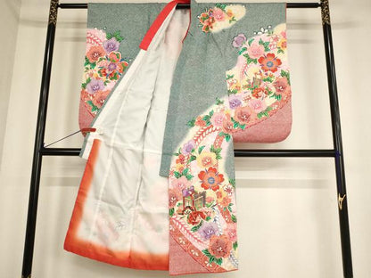 平和屋着物[]七五三　女の子　７歳　祝着　四つ身　御所車花文　暈し染め　金彩　AABF2173ja