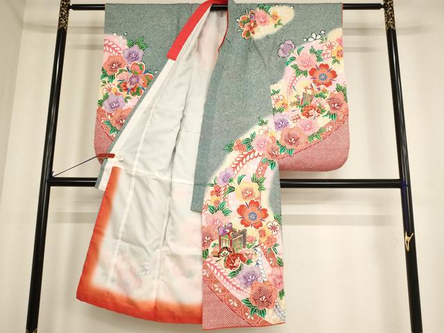 平和屋着物[]七五三　女の子　７歳　祝着　四つ身　御所車花文　暈し染め　金彩　AABF2173ja