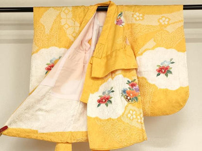 平和屋着物[]七五三　女の子　３歳　祝着　一つ身　総刺繍　絞り　花手毬文　金糸　正絹　逸品　AABF2174ja