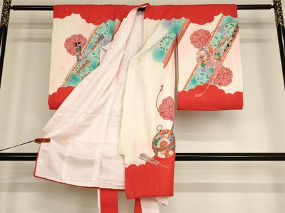 平和屋着物[]お宮参り　女の子　祝着　産着　初着　のしめ　鈴　舞扇花文　暈し染め　金銀彩　逸品　AABF2175ja