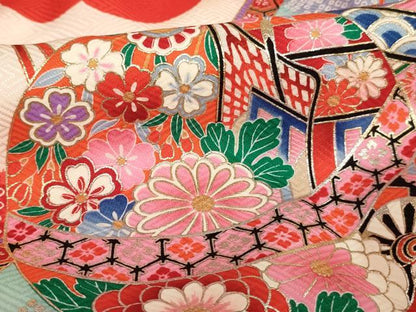 平和屋着物[]お宮参り　女の子　祝着　産着　初着　のしめ　鈴　舞扇花文　暈し染め　金銀彩　逸品　AABF2175ja