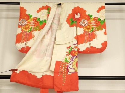 平和屋着物[]七五三　女の子　３歳　祝着　三つ身　長襦袢セット　駒刺繍　吉祥花文　金彩　逸品　AABF2179ja