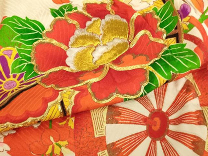 平和屋着物[]七五三　女の子　３歳　祝着　三つ身　長襦袢セット　駒刺繍　吉祥花文　金彩　逸品　AABF2179ja
