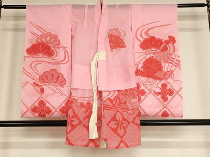 平和屋着物[]七五三　女の子　３歳　祝着　三つ身　長襦袢セット　鼓文　金彩　洗える着物　AABF2180ja