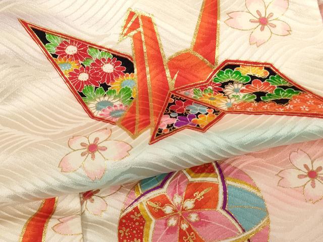 平和屋着物[]七五三　女の子　5歳　祝着　四つ身　折り鶴　桜手毬文　暈し染め　金彩　正絹　逸品　AABF2182ja