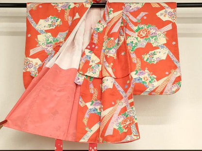 平和屋着物[]七五三　女の子　３歳　祝着　三つ身　地紙花文　正絹　逸品　AABF2183ja