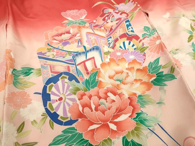 平和屋着物[]七五三　女の子　３歳　祝着　三つ身　長襦袢セット　御所車花文　暈し染め　逸品　AABF2189ja