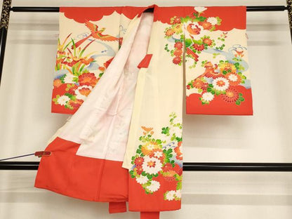 平和屋着物[]七五三　女の子　３歳　祝着　三つ身　長襦袢(袷)セット　尾長鳥花文　洗える着物　AABF2191ja
