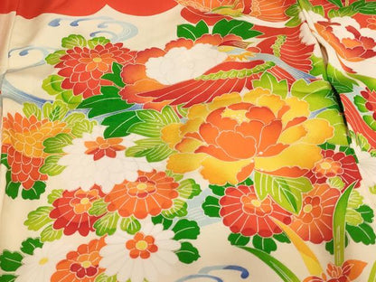 平和屋着物[]七五三　女の子　３歳　祝着　三つ身　長襦袢(袷)セット　尾長鳥花文　洗える着物　AABF2191ja