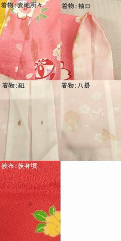平和屋着物[]七五三　女の子　３歳　祝着　三つ身　被布セット　桜手毬文　花車文　洗える着物　AABF2192ja