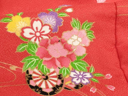 平和屋着物[]七五三　女の子　３歳　祝着　三つ身　被布セット　桜手毬文　花車文　洗える着物　AABF2192ja