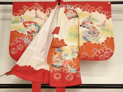 平和屋着物[]七五三　女の子　３歳　祝着　一つ身　御所車飛鶴文　暈し染め　金銀彩　正絹　逸品　AABF2193ja