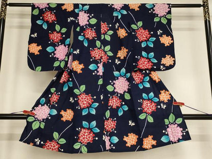 平和屋着物＊夏物 浴衣 子供 女の子 花蝶文 紫陽花 綿 逸品 AABF2195ja