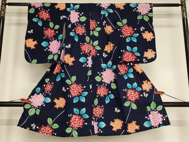 平和屋着物＊夏物 浴衣 子供 女の子 花蝶文 紫陽花 綿 逸品 AABF2195ja