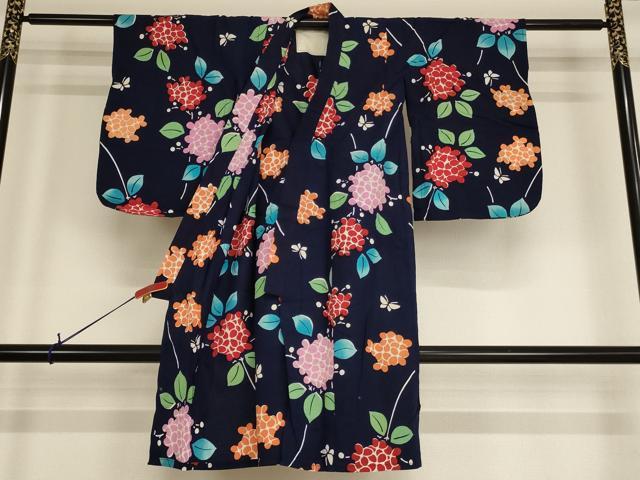 平和屋着物＊夏物 浴衣 子供 女の子 花蝶文 紫陽花 綿 逸品 AABF2195ja