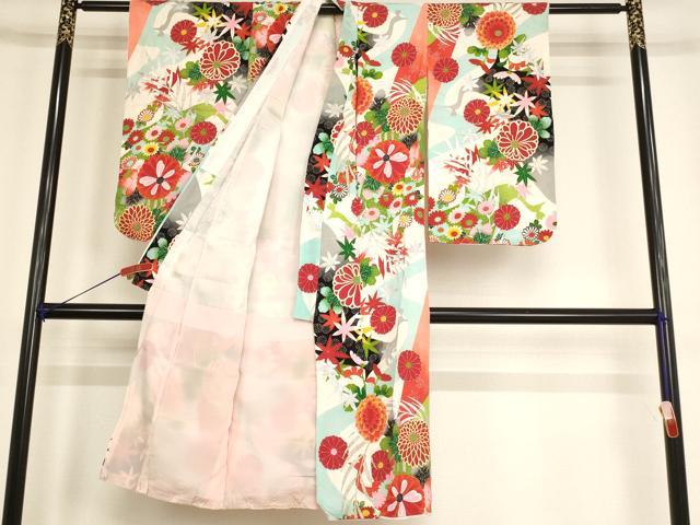 平和屋着物[]七五三　女の子　７歳　祝着　四つ身　孔雀花文　金銀彩　正絹　逸品　AABF2197ja