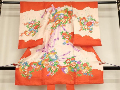 平和屋着物[]お宮参り　女の子　祝着　産着　初着　のしめ　駒刺繍　檜扇花文　金彩　正絹　逸品　AABF2198ja