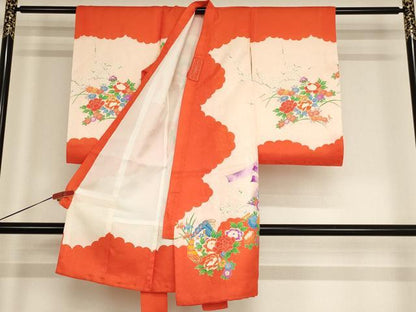平和屋着物[]お宮参り　女の子　祝着　産着　初着　のしめ　駒刺繍　檜扇花文　金彩　正絹　逸品　AABF2198ja
