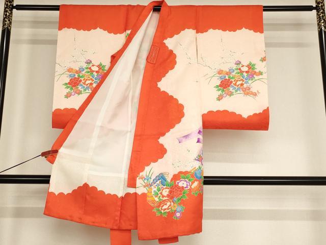 平和屋着物[]お宮参り　女の子　祝着　産着　初着　のしめ　駒刺繍　檜扇花文　金彩　正絹　逸品　AABF2198ja