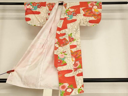 平和屋着物[]七五三　女の子　３歳　祝着　一つ身　霞地紙花文　金彩　正絹　逸品　AABF2199ja
