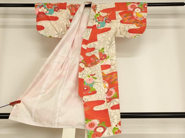 平和屋着物[]七五三　女の子　３歳　祝着　一つ身　霞地紙花文　金彩　正絹　逸品　AABF2199ja