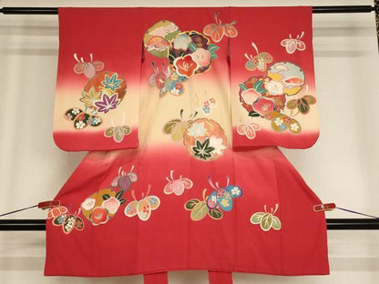 平和屋着物[]七五三　女の子　３歳　祝着　一つ身　友禅　駒刺繍　雪輪花文　暈し染め　金彩　正絹　逸品　AABF2200ja